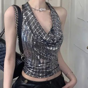 Halter Neck Crop Top Grey Silver